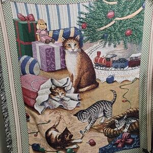 Christmas Cat Kitten Tapestry Throw Blanket Fringe Holiday Decor Lap Vintage